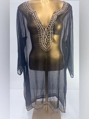Boho Sheer Embroidered Tunic Top Beach Cover Up Festival Duster L
